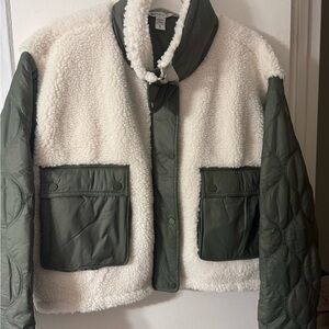 Athleta Cream and Green Sherpa Jacket